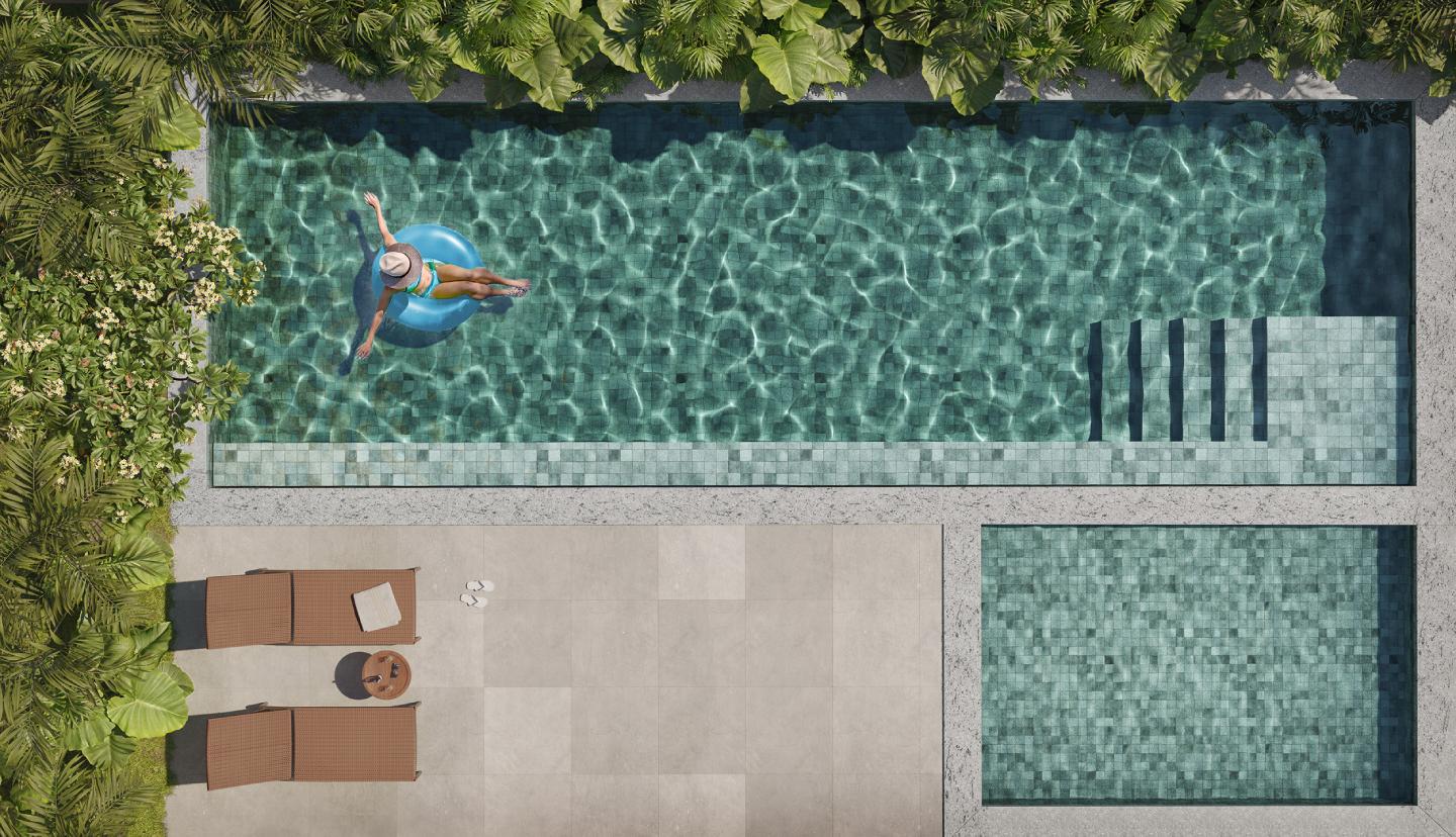 Perspectiva ilustrada das piscinas adulto e infantil